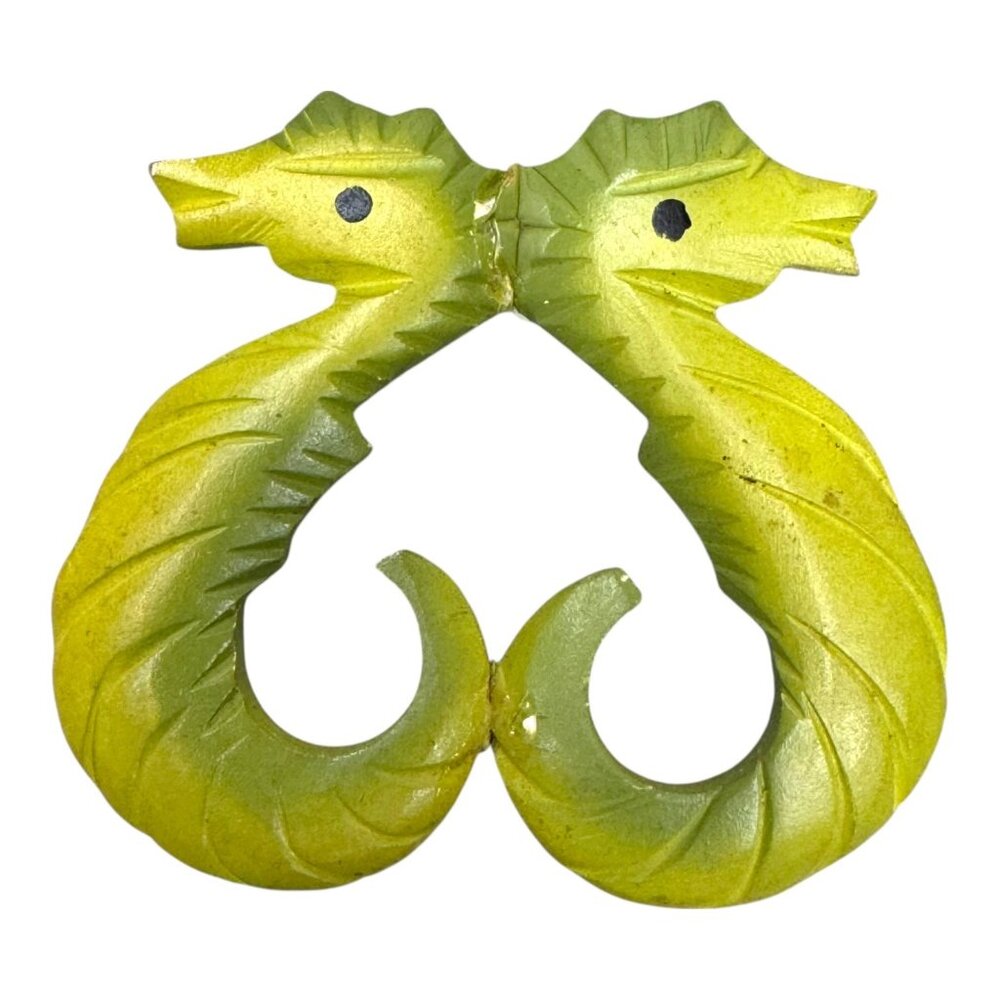 Vintage Green Seahorse Brooch Pin Wood Carved Lime Yellow Beach Nautical READ